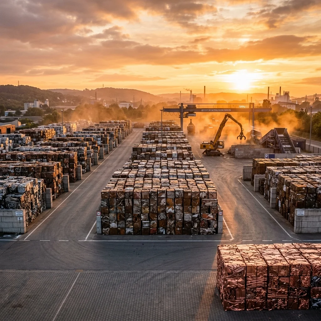 Premium Recyclinghof mit gepressten Metallwürfeln