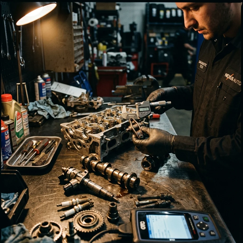 Technische Prüfung von Autoteilen auf dunklem Werkbankstahl
