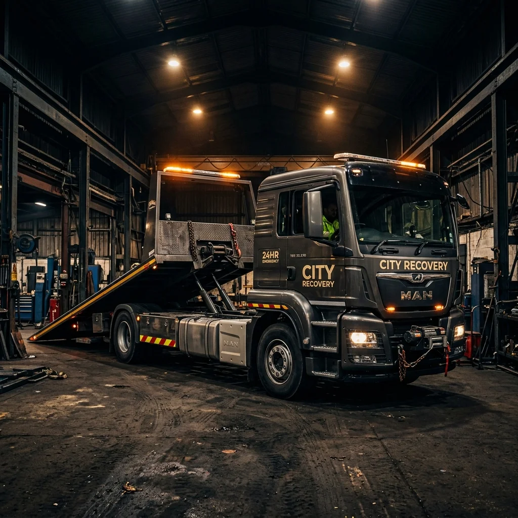 Cinematischer Abschleppwagen in dunklem Industriehof