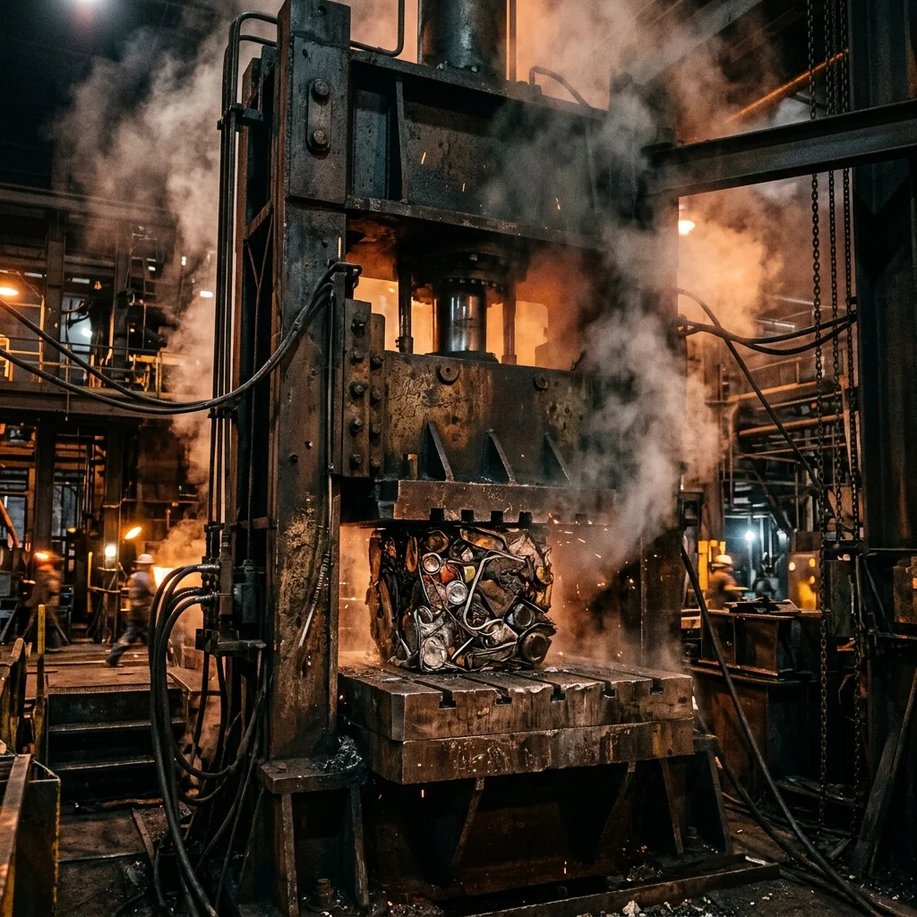 Hydraulische Fahrzeugpresse mit dunklen Metallflächen